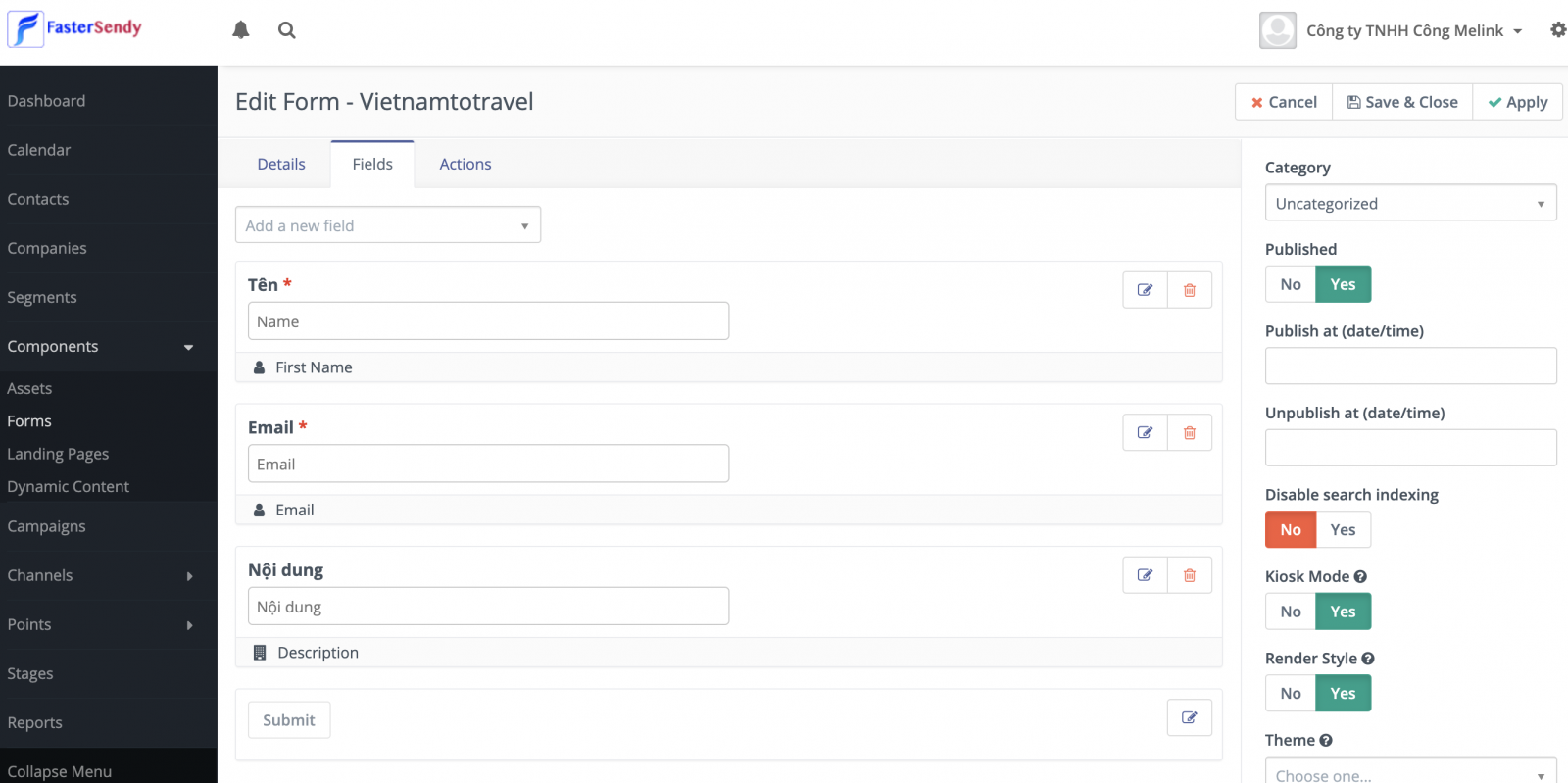 Chỉnh sửa filed trong Fastersendy