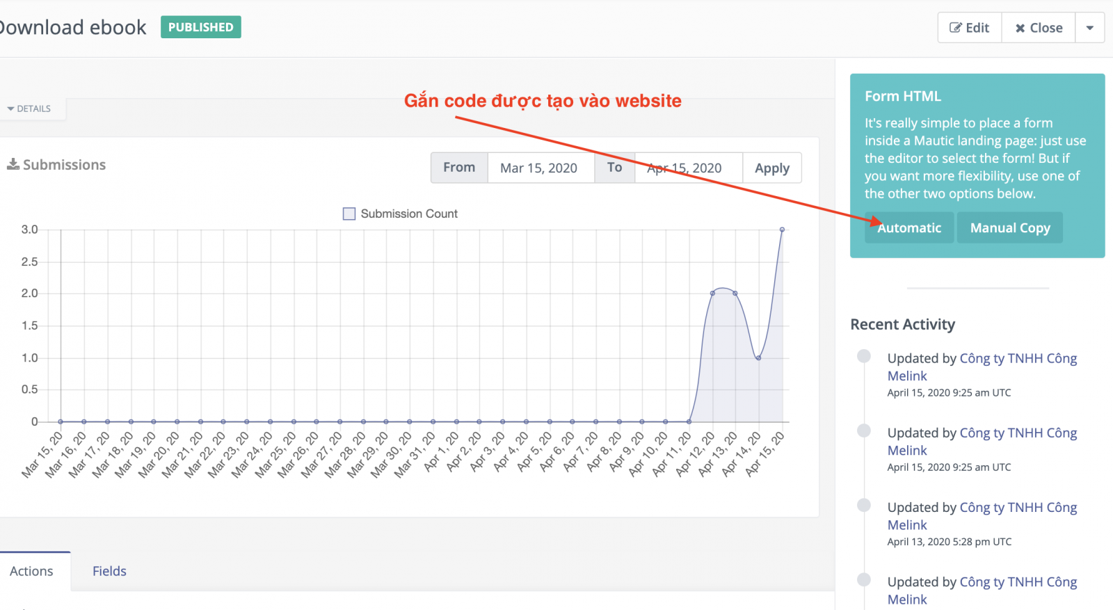 Nhúng code duoc tạo vào website