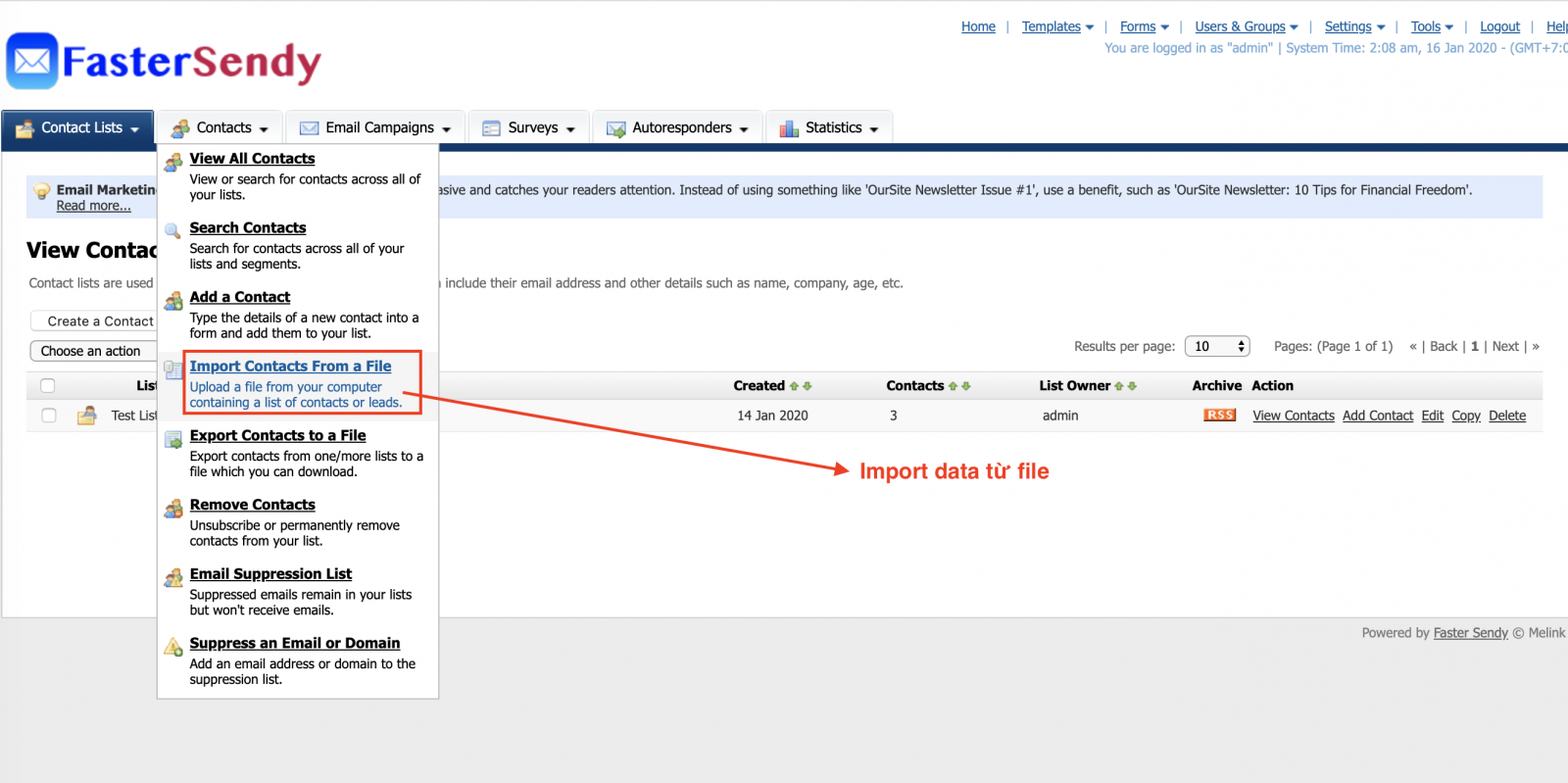 Thêm data từ file excel - FasterSendy