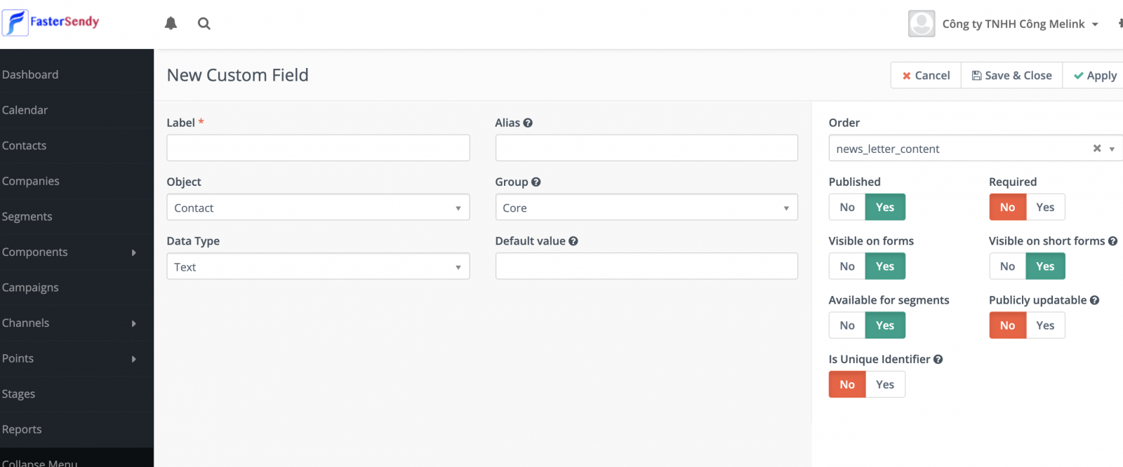 Tạo filed trong fastersendy